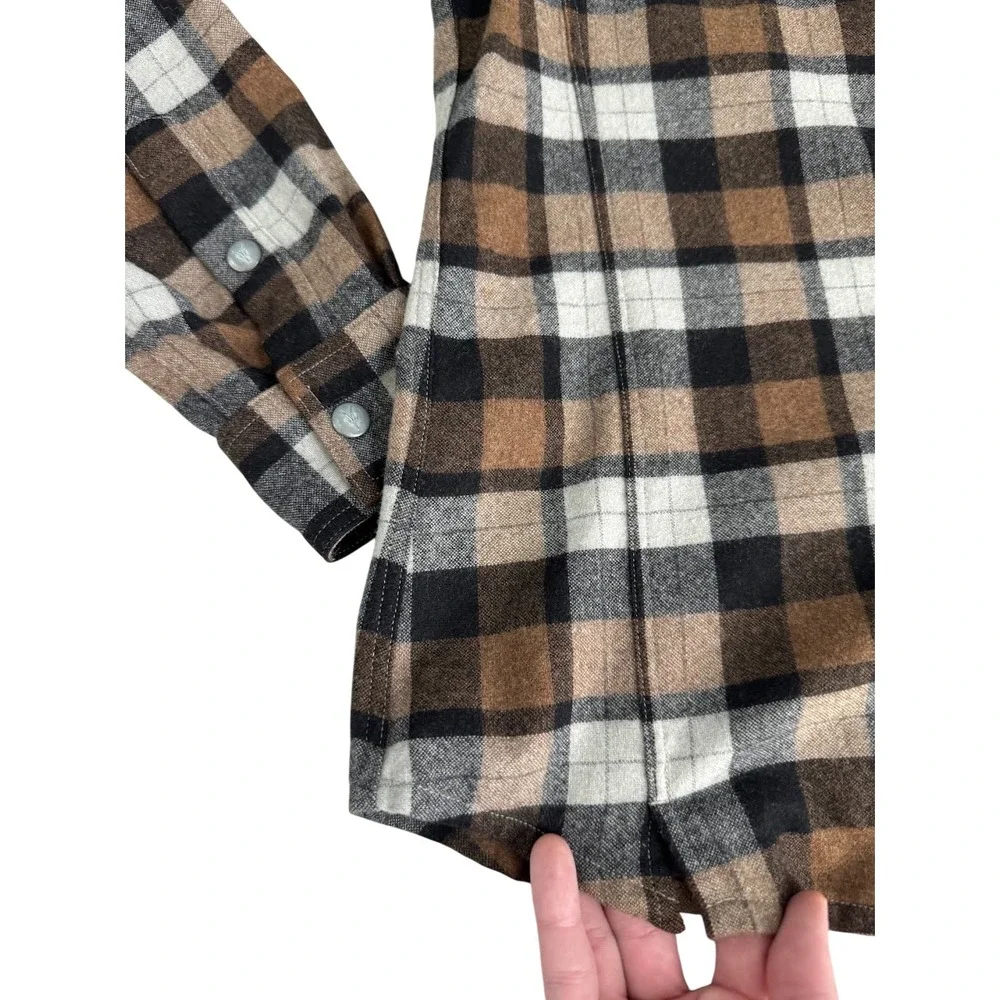 Ibex Taos Brown Plaid Flannel Snap Button Up Shirt Pockets Wool Outdoor Womens M